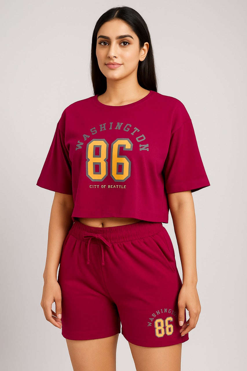 women's relaxed - fit pink graphic crop-top tshirt & shorts co-ord set