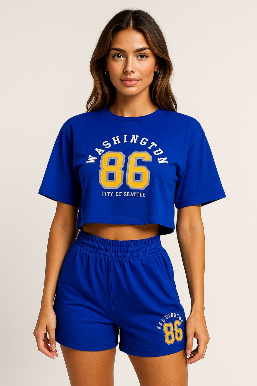 women's relaxed-fit blue graphic crop top & shorts co-ord set
