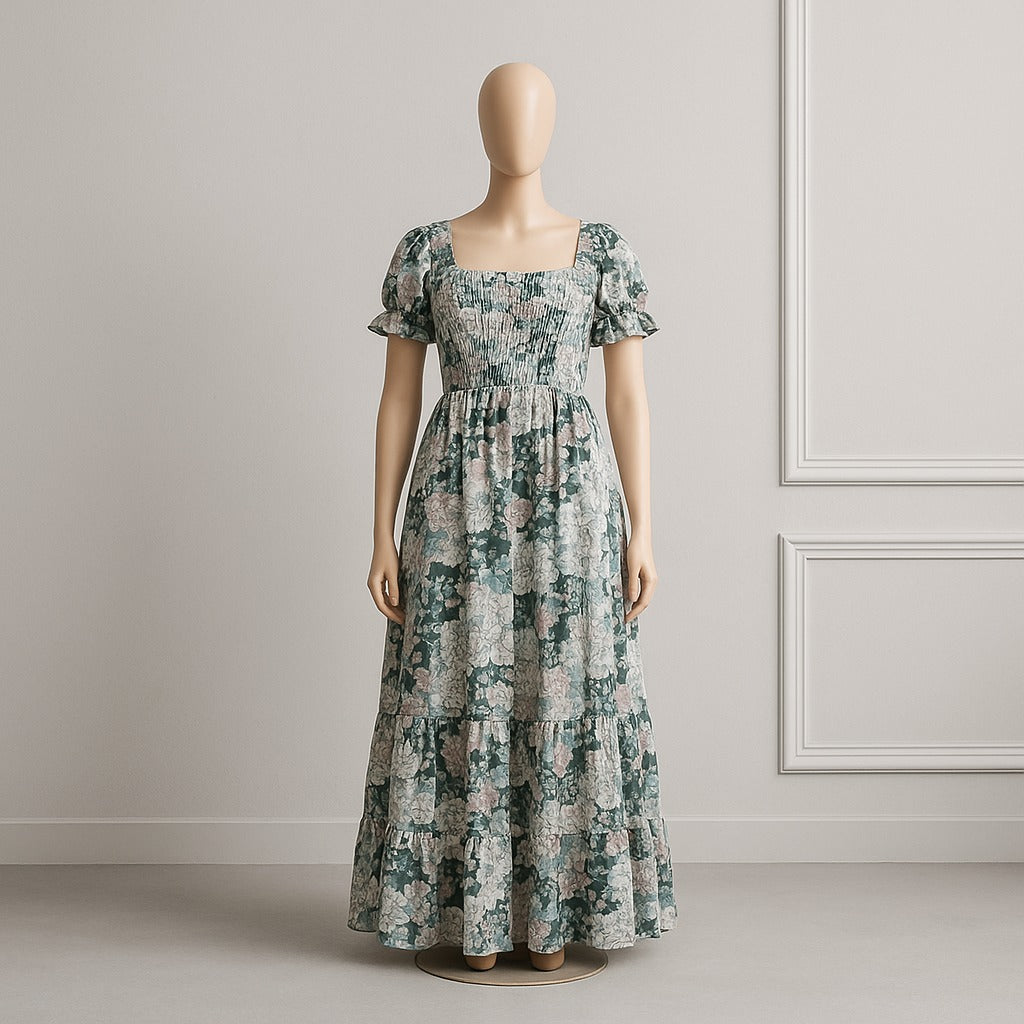 women's printed sundress with puff sleeve