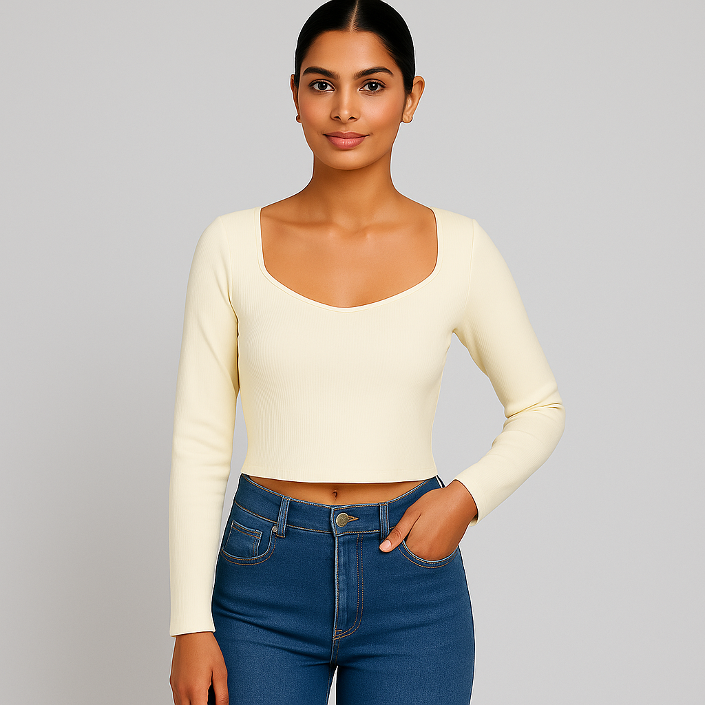 Stylish Cream Knitted Crop T-Shirt – Full Sleeves