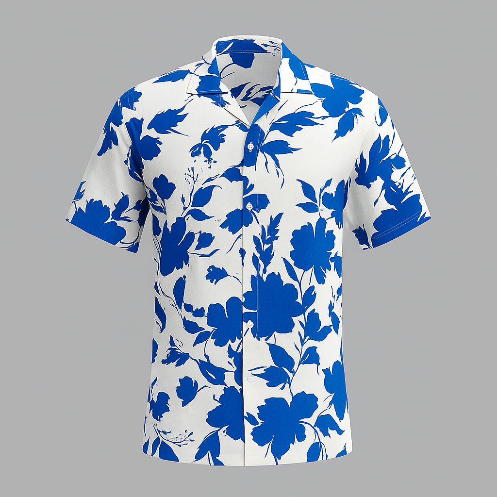 White and blue floral printed cuban collar shirt