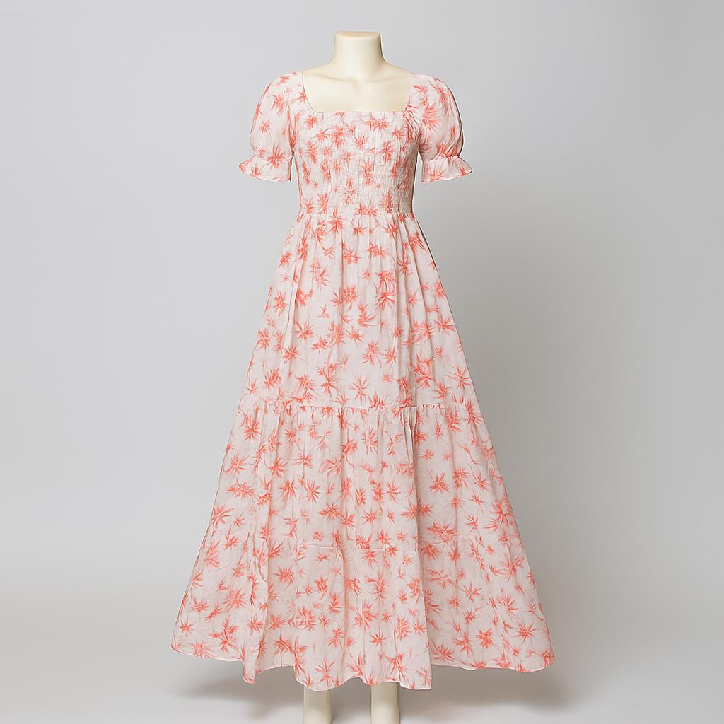 women's white & orange printed sundress with puff sleeve