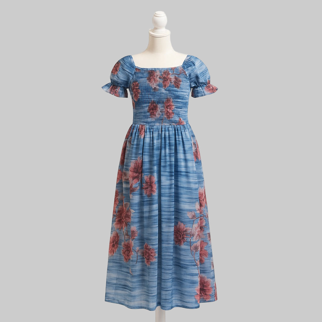 women's blue & red printed sundress with puff sleeve