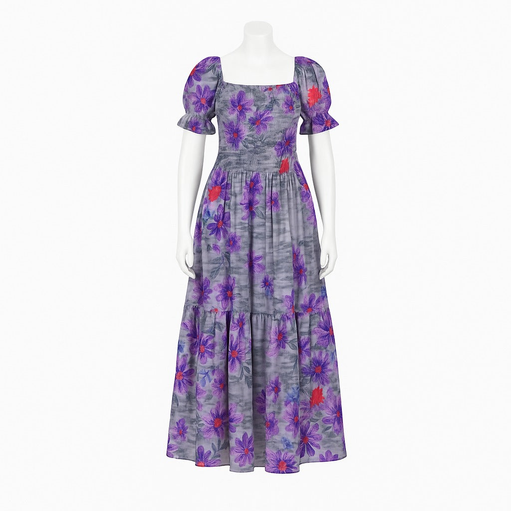 women's grey & purple printed sundress with puff sleeve