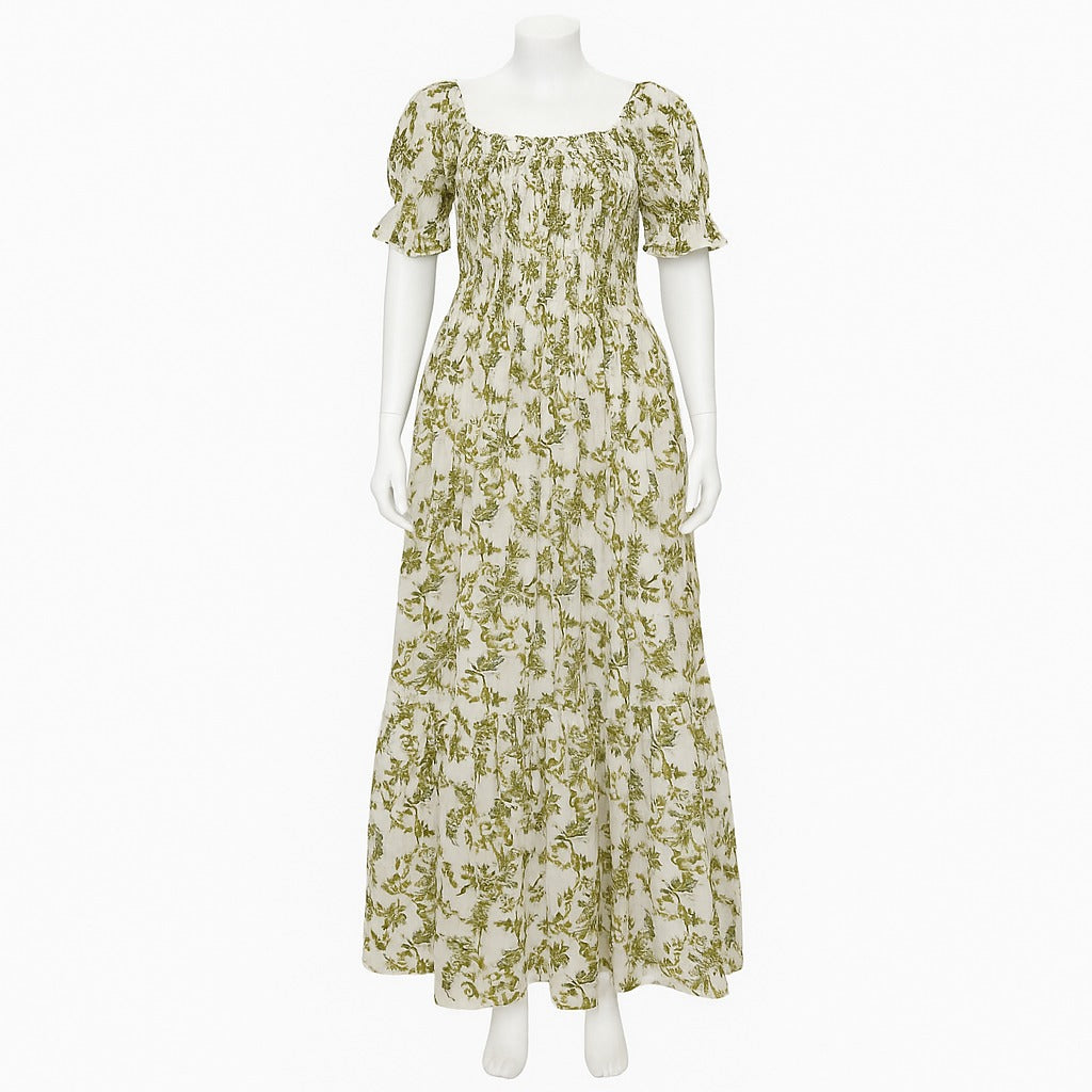 women's white & green printed sundress with puff sleeve