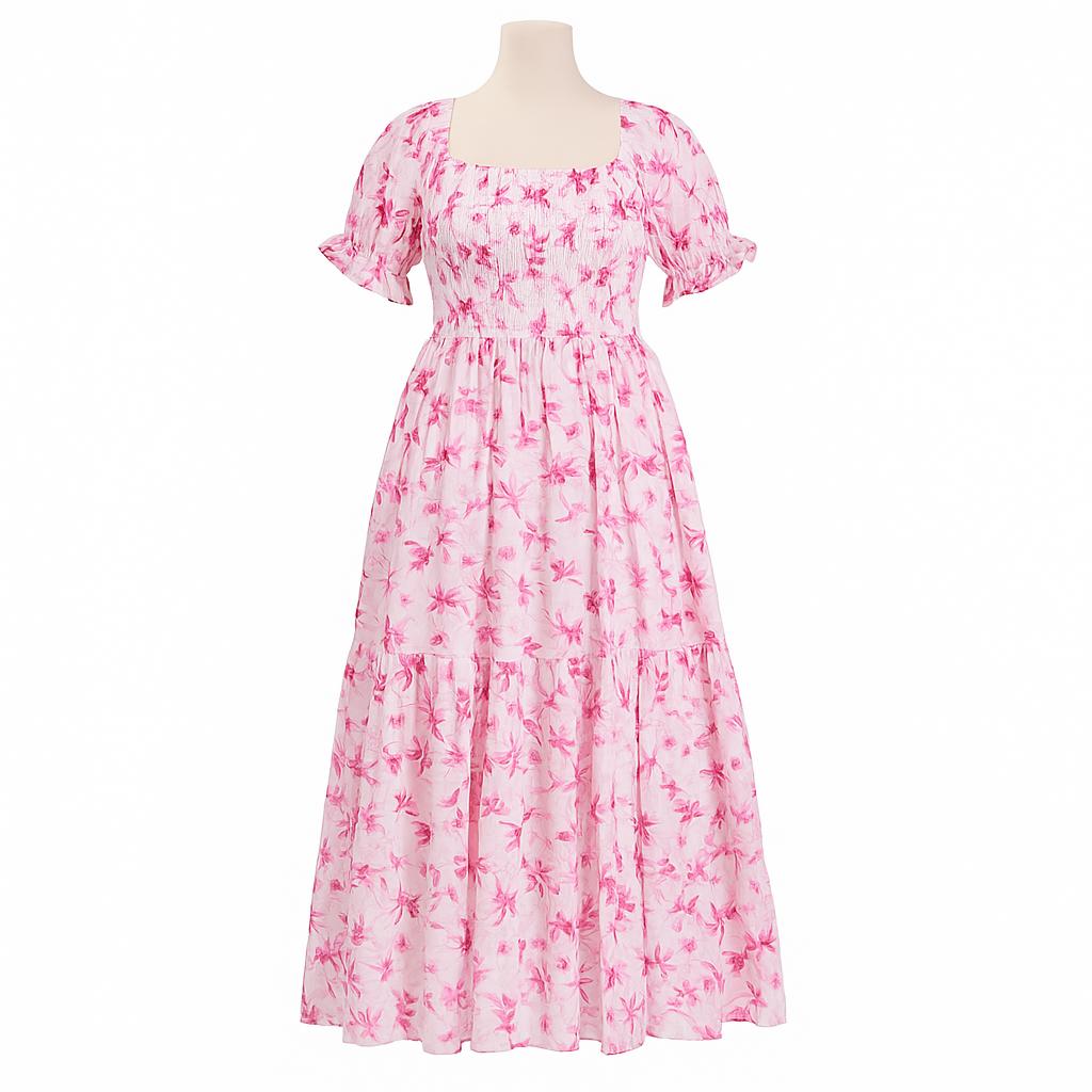 women's white & pink sundress with puff sleeve