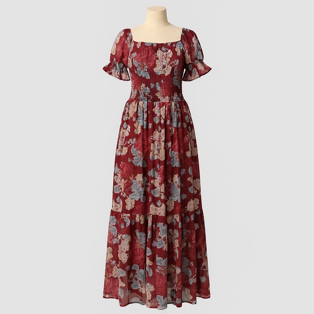 women's brick red sundress with puff sleeve