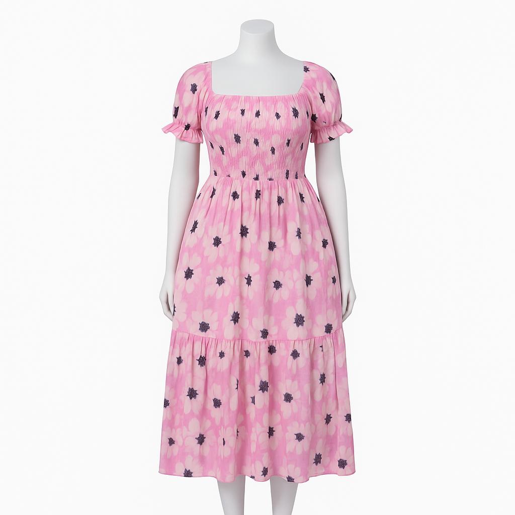 women's pink printed sundress with puff sleeve