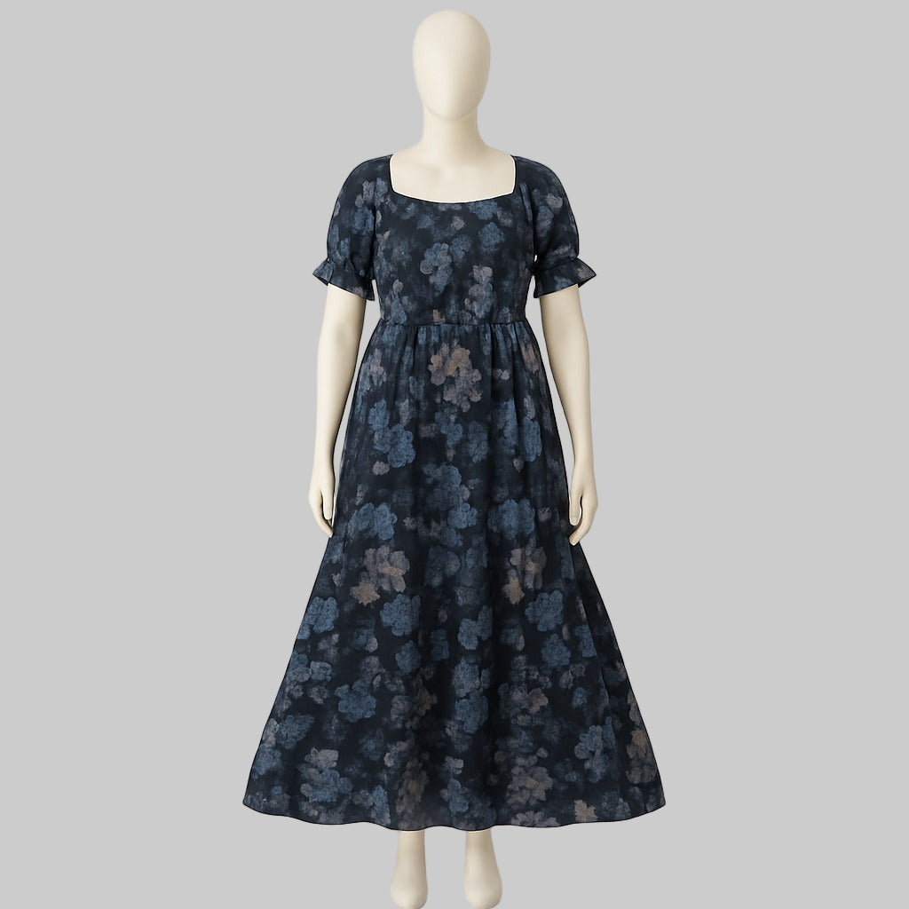women's dark blue sundress with puff sleeve