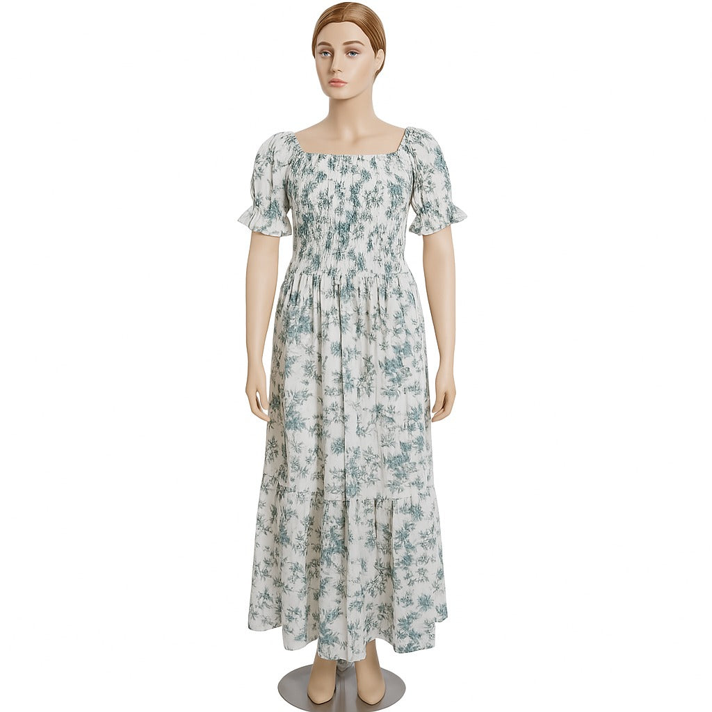 women's white and blue printed sundress with puff sleeve