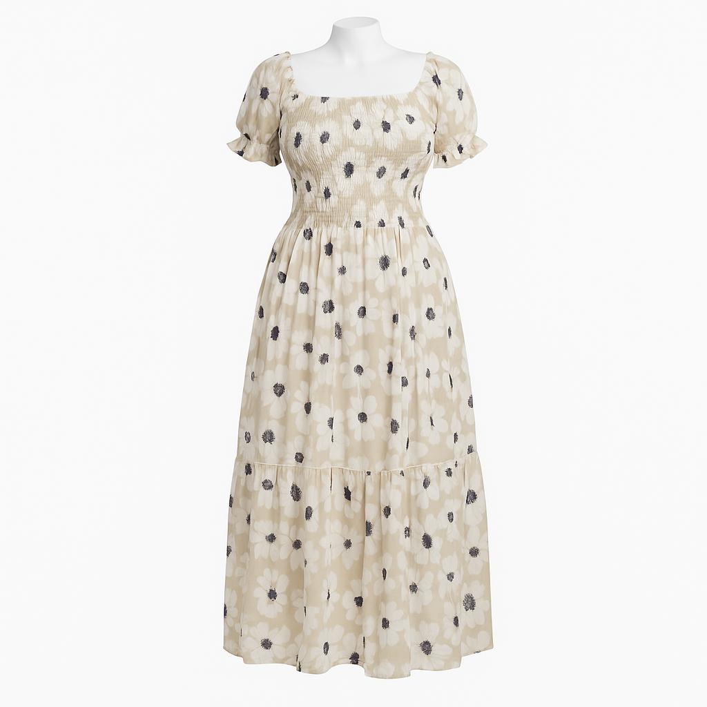women's cream printed sundress with puff sleeve