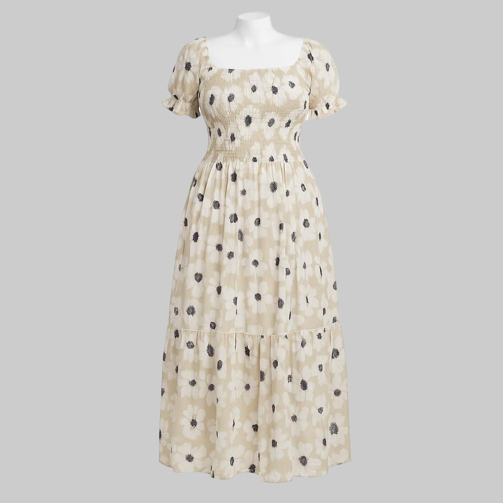 women's cream printed sundress with puff sleeve