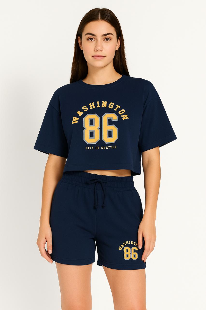 Women's relaxed-fit navy blue graphic crop-top & shorts co-ord set
