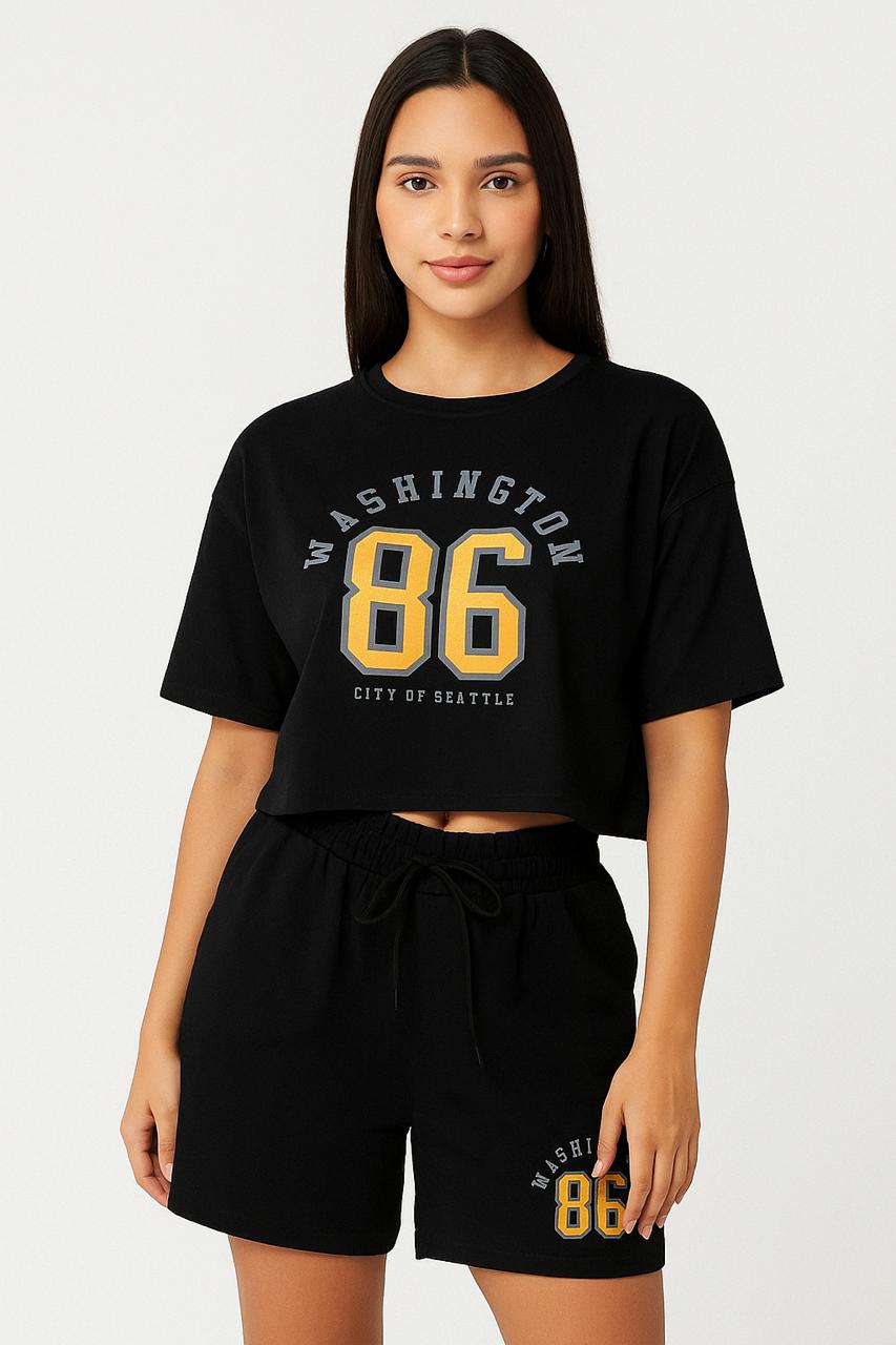 Women's relaxed-fit graphic crop-top tshirt & shorts co-ors set