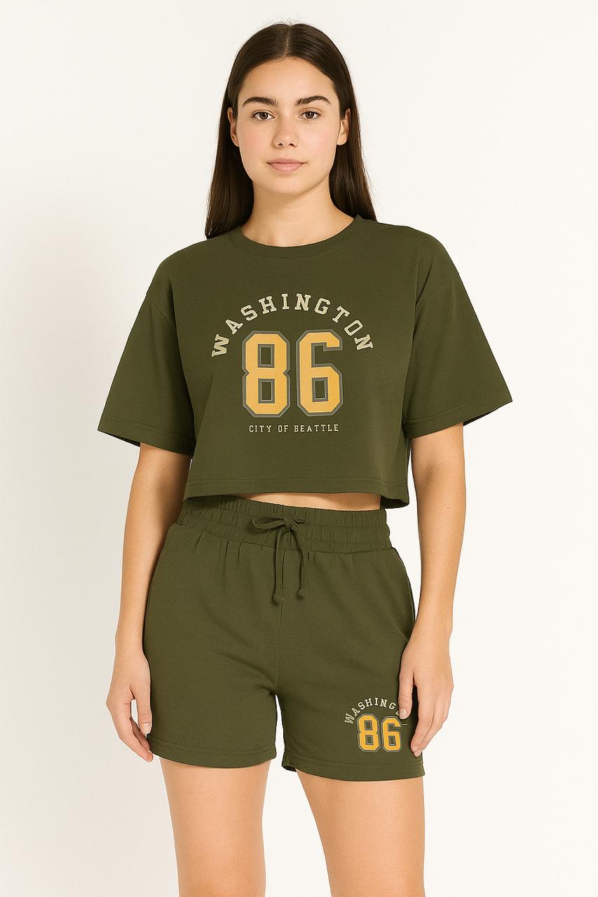 women's relaxed-fit olive green crop top & shorts co-ord set