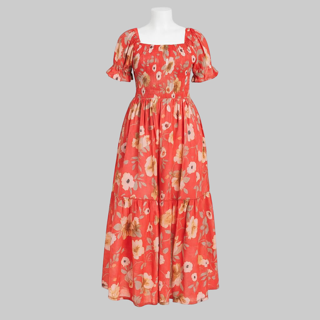 women's red printed sundress with puff sleeve