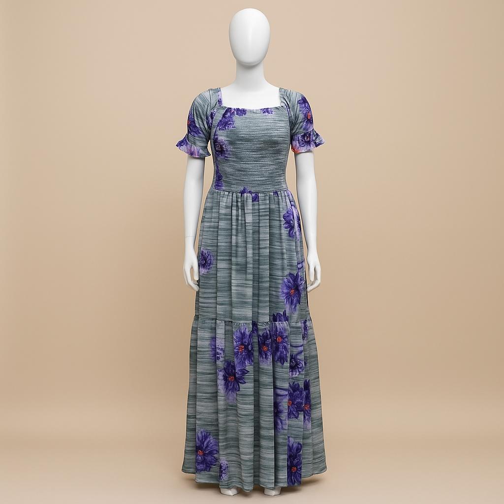 women's grey floral printed sundress with puff sleeve