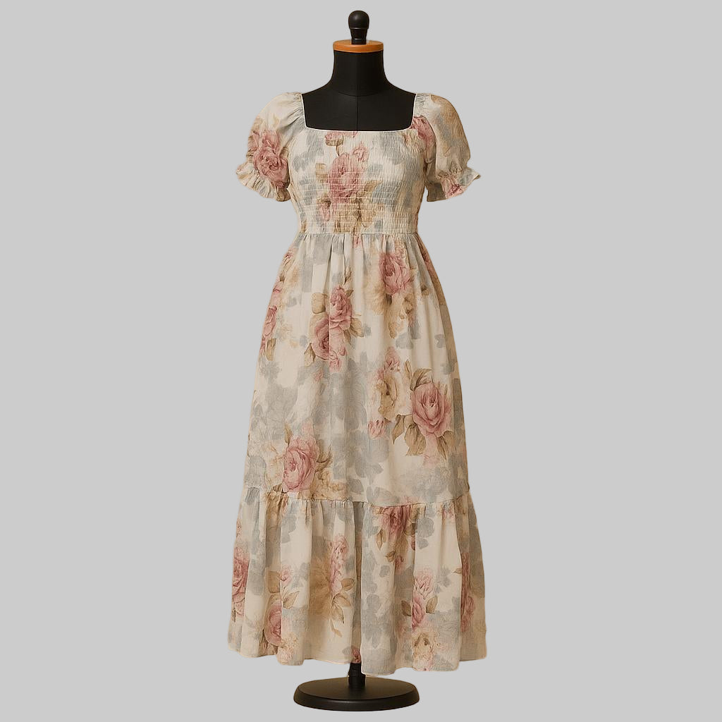 women's white & pink floral printed sundress with puff sleeve