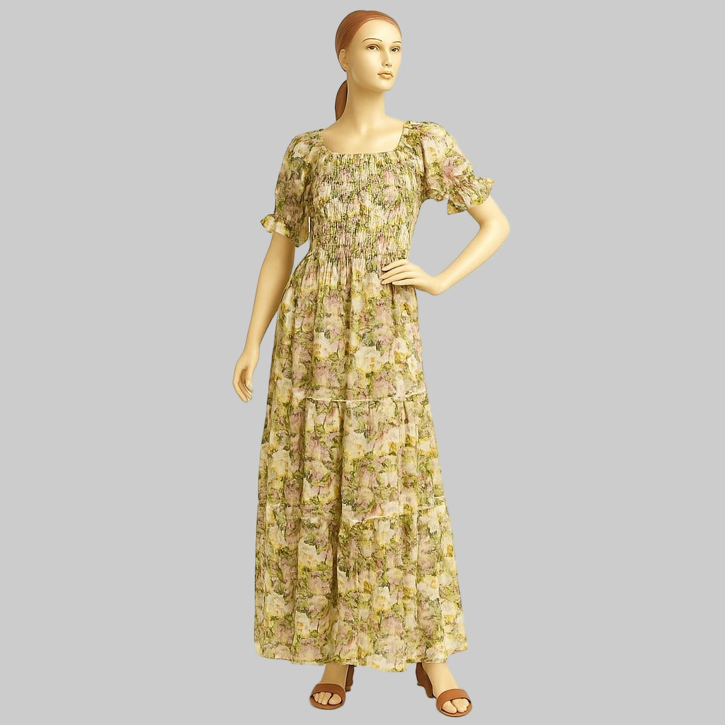 women's white & green floral printed sundress with puff sleeve