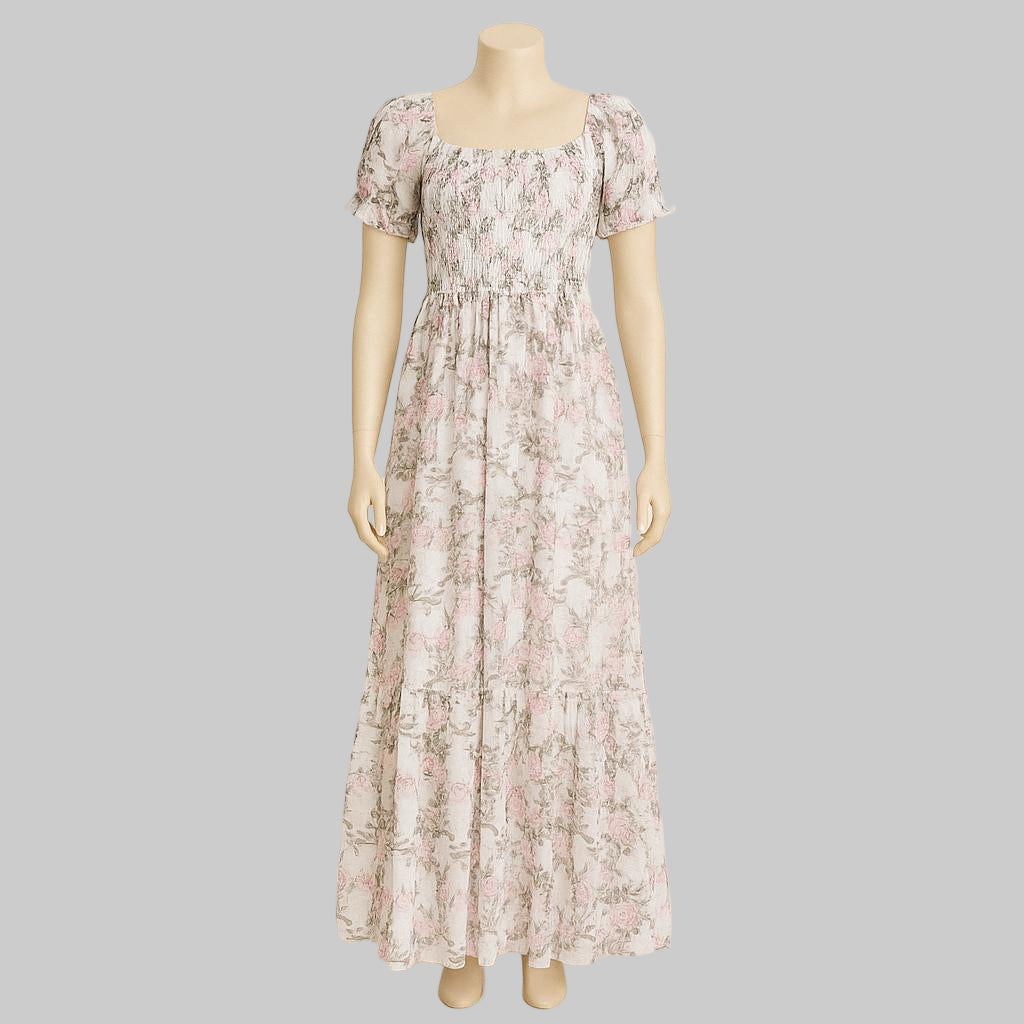 Women's white floral printed sundress with puff sleeve