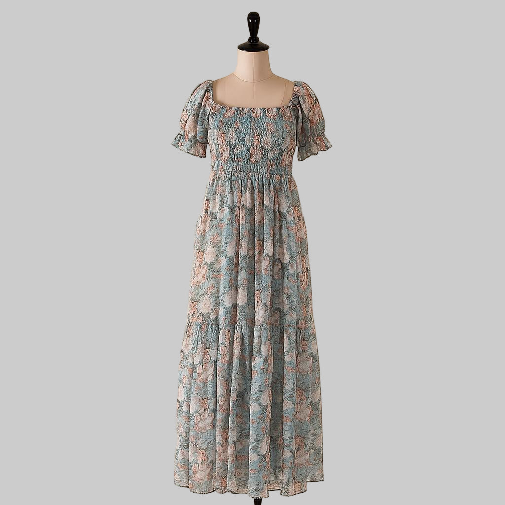 Women's blue & pink floral printed sundress with puff sleeve