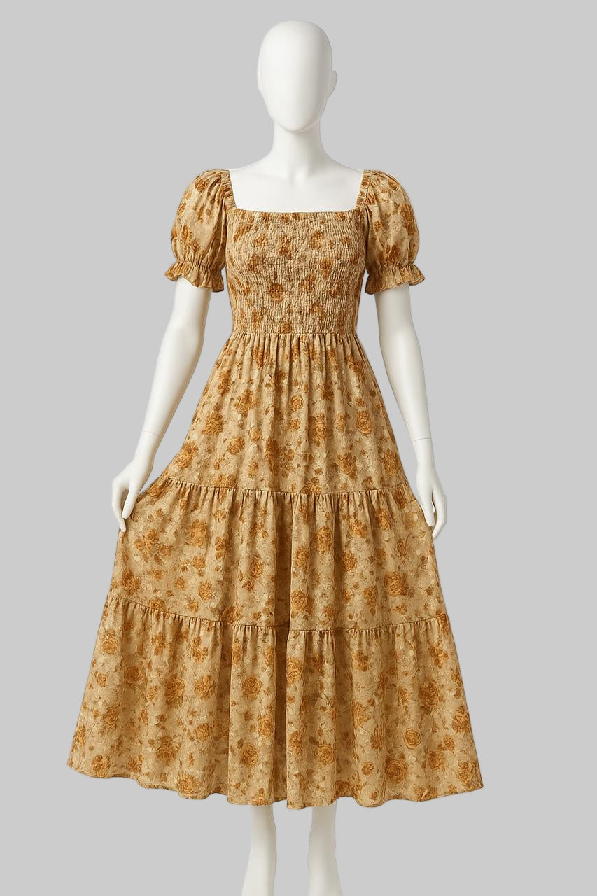 Women's vintage beige printed sundress with puff sleeve