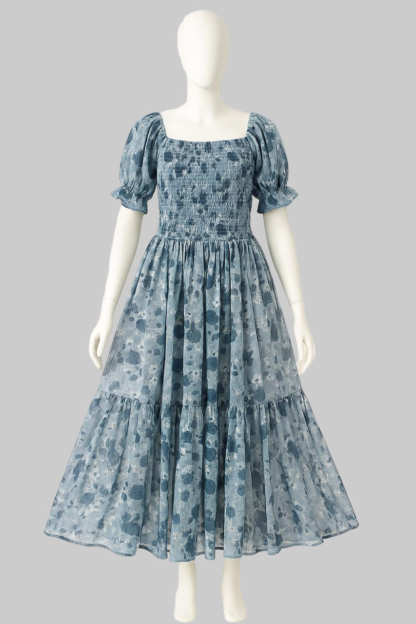 Women's steel blue printed sundress with puff sleeve
