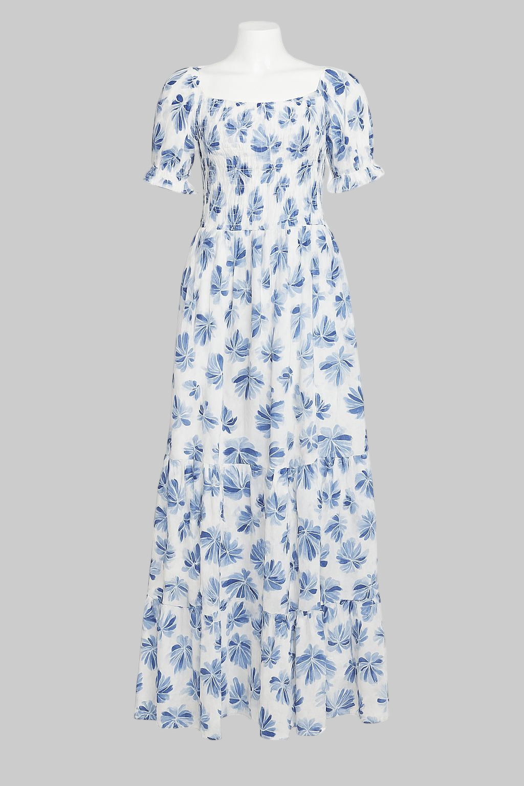 Women's white & blue printed sundress with puff sleeve