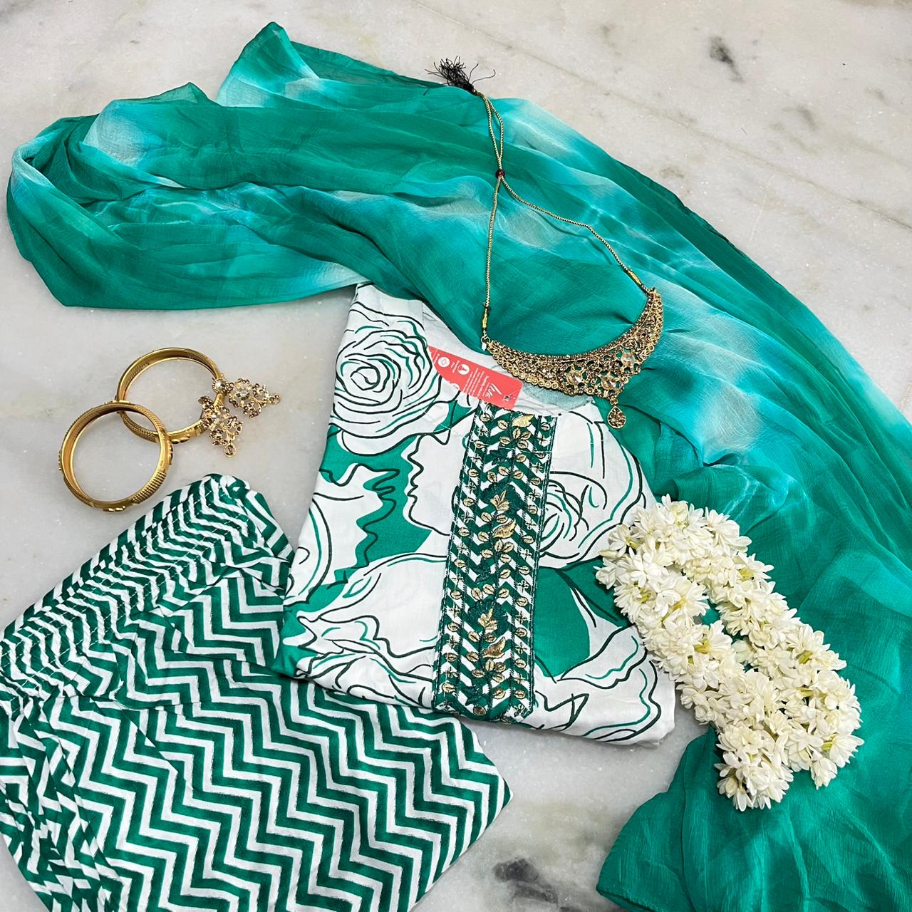 Stylish printed Liva fabric kurta set with embellished yoke & shaded dupatta