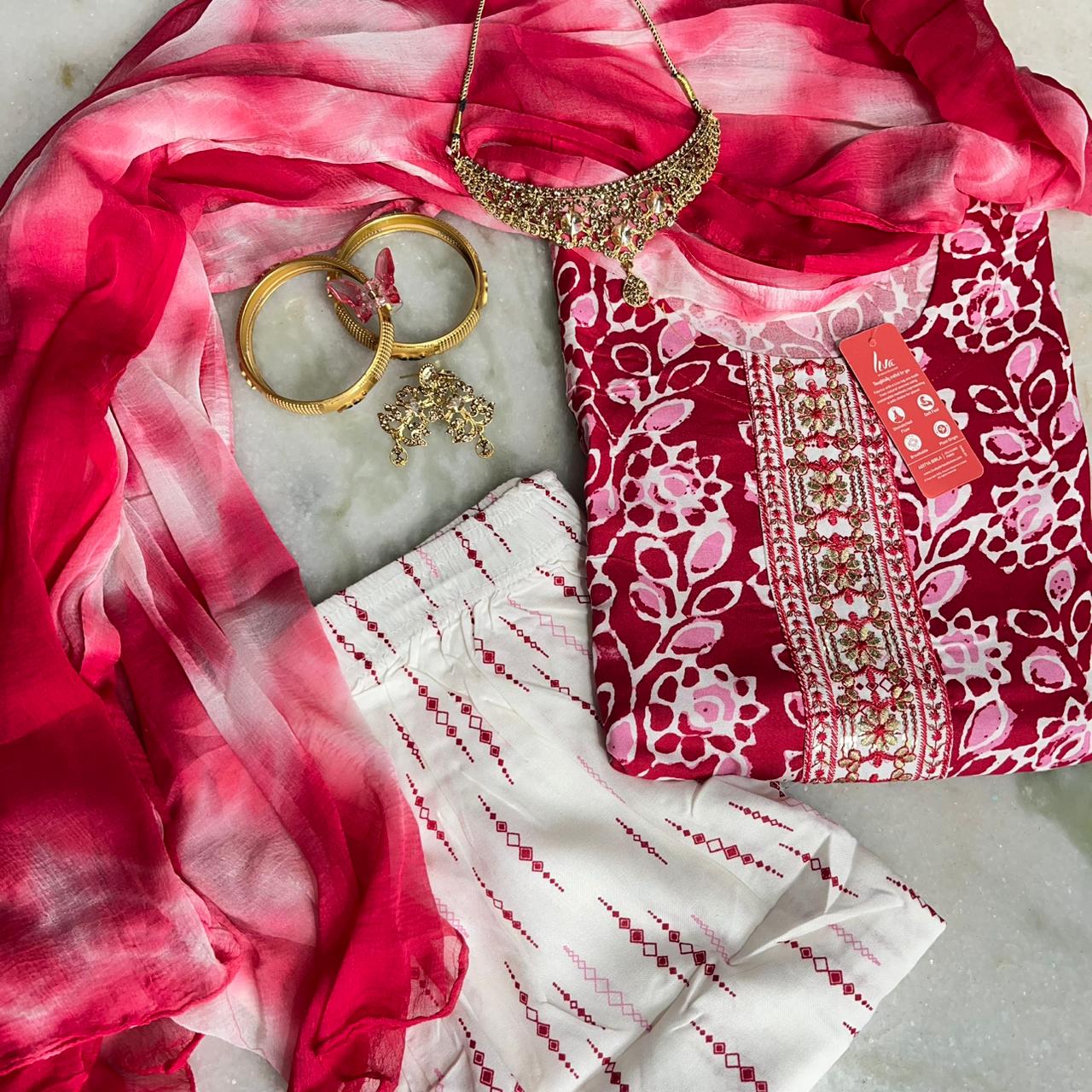 Stylish printed Liva fabric kurta set with embellished yoke & shaded dupatta