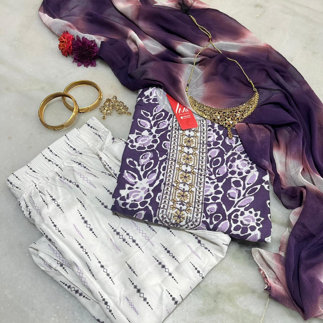 Stylish printed Liva fabric kurta set with embellished yoke & shaded dupatta