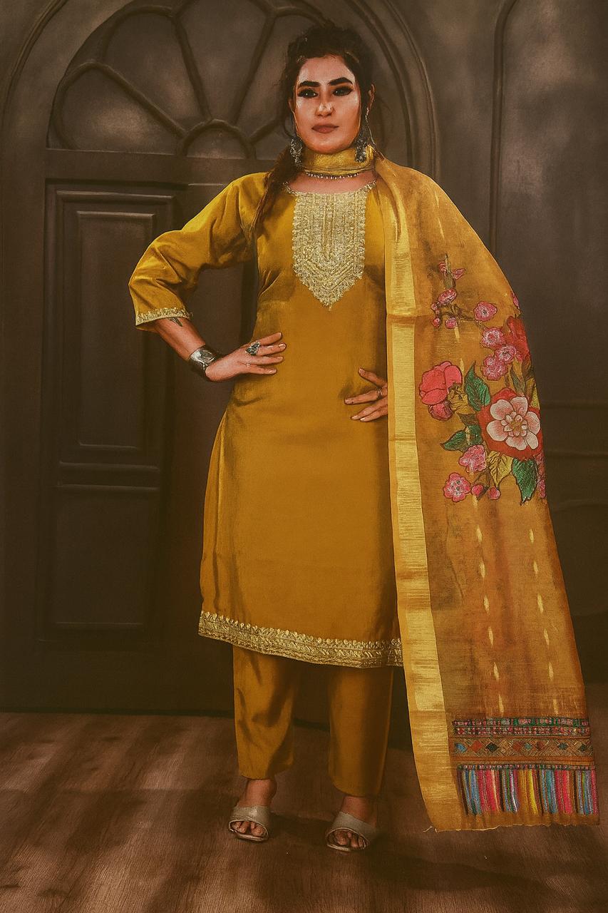 Mustard gold shiny silk embroidered kurti set with floral printed dupatta & pants
