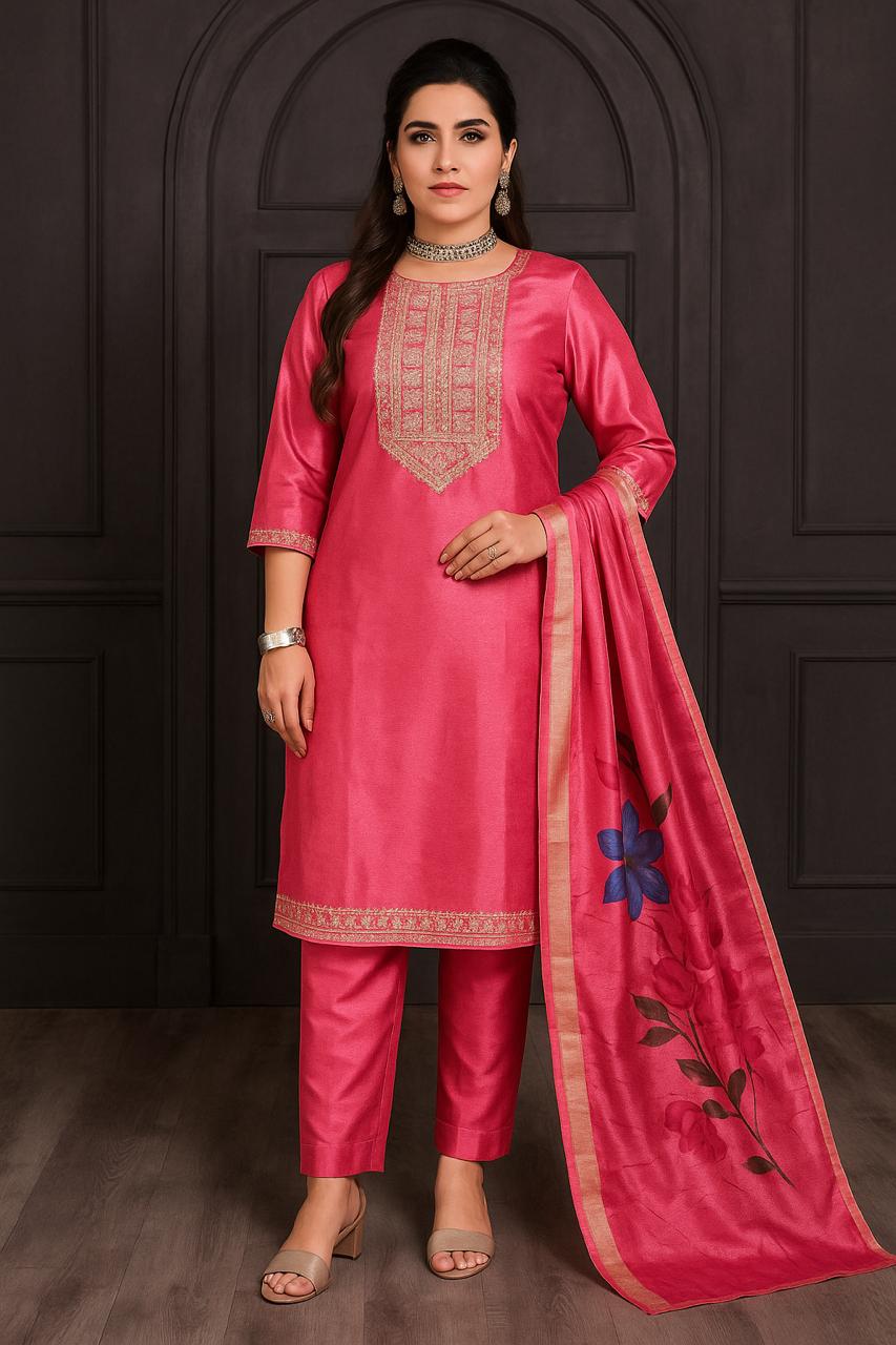 Dusty rose shiny silk embroidered kurti set with floral printed dupatta & pants
