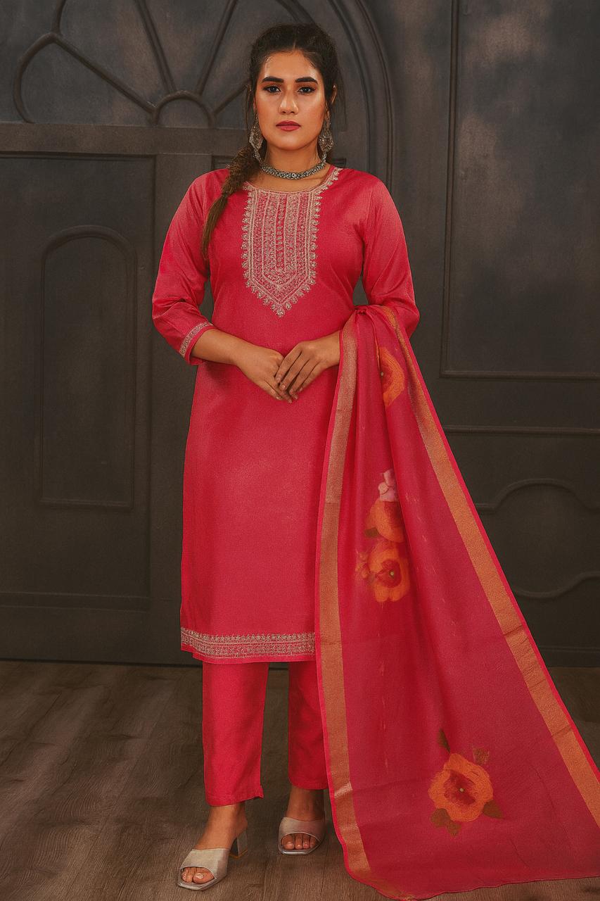 Royal Pink shiny silk embroidered kurti set with floral printed dupatta & pants