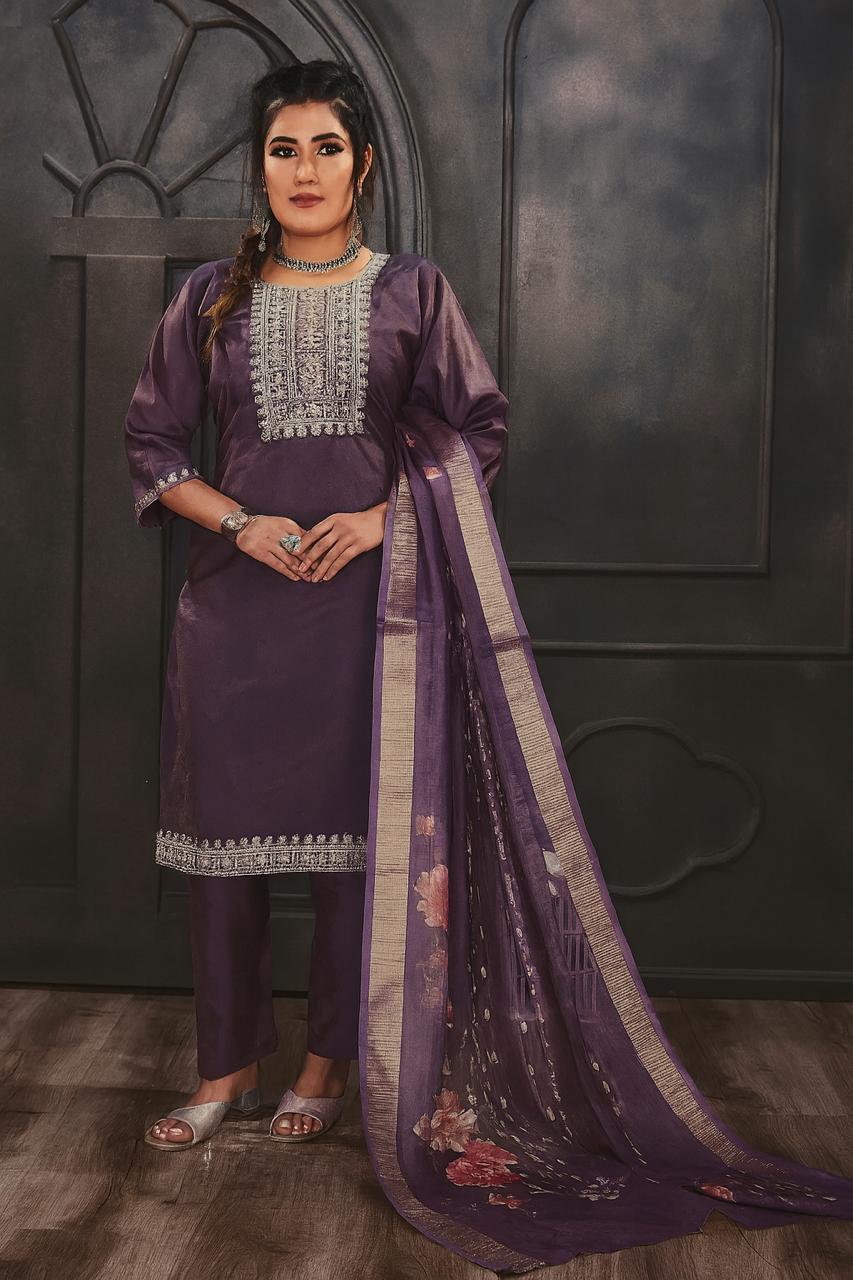 Mauve shiny silk embroidered kurti set with floral printed dupatta & pants
