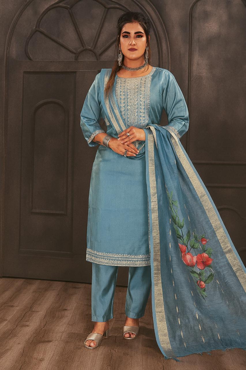 Matt blue shiny silk embroidered kurti set with floral printed dupatta & pants