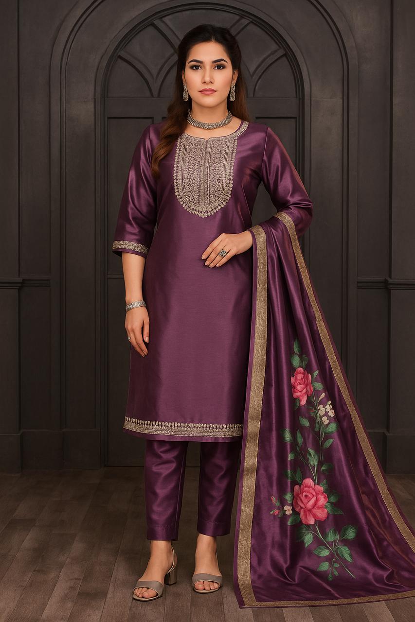 Lavender shiny silk embroidered kurti set with floral printed dupatta & pants