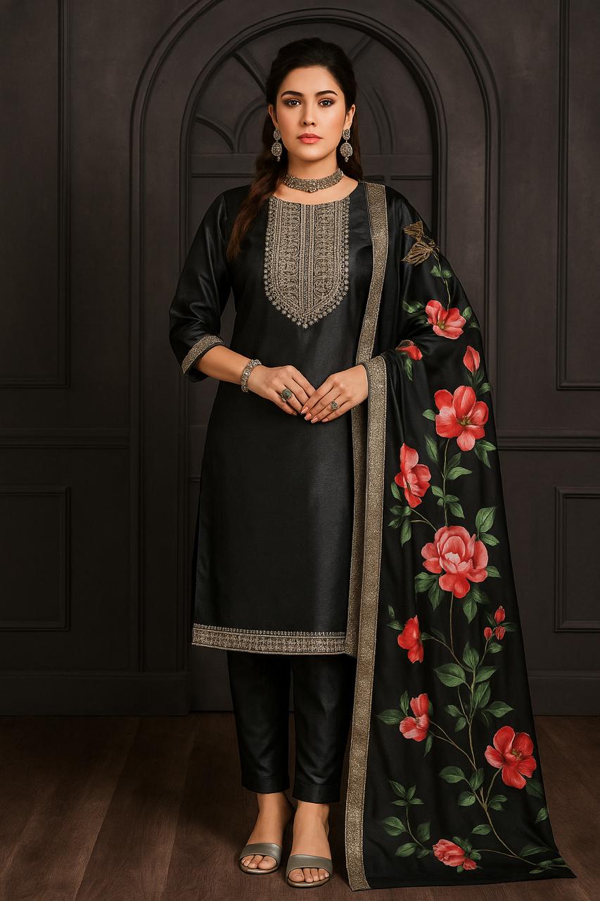 Charcoal grey shiny silk embroidered kurti set with floral printed dupatta & pants