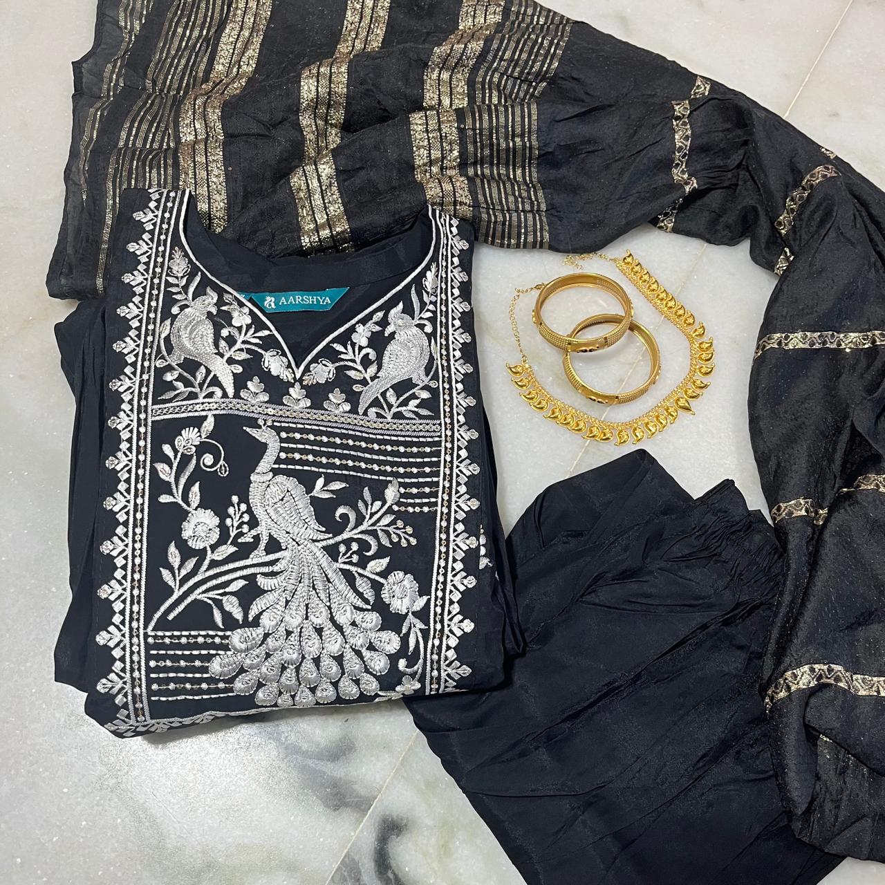 Black silk umbrella-cut peacock embroidered kurti set with dupatta & pants
