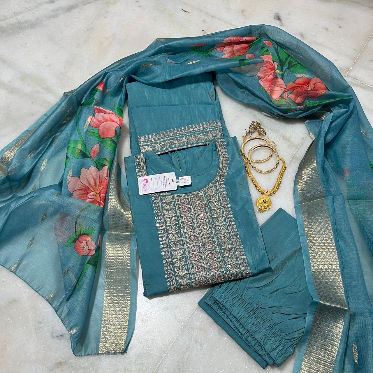 Matt blue shiny silk embroidered kurti set with floral printed dupatta & pants