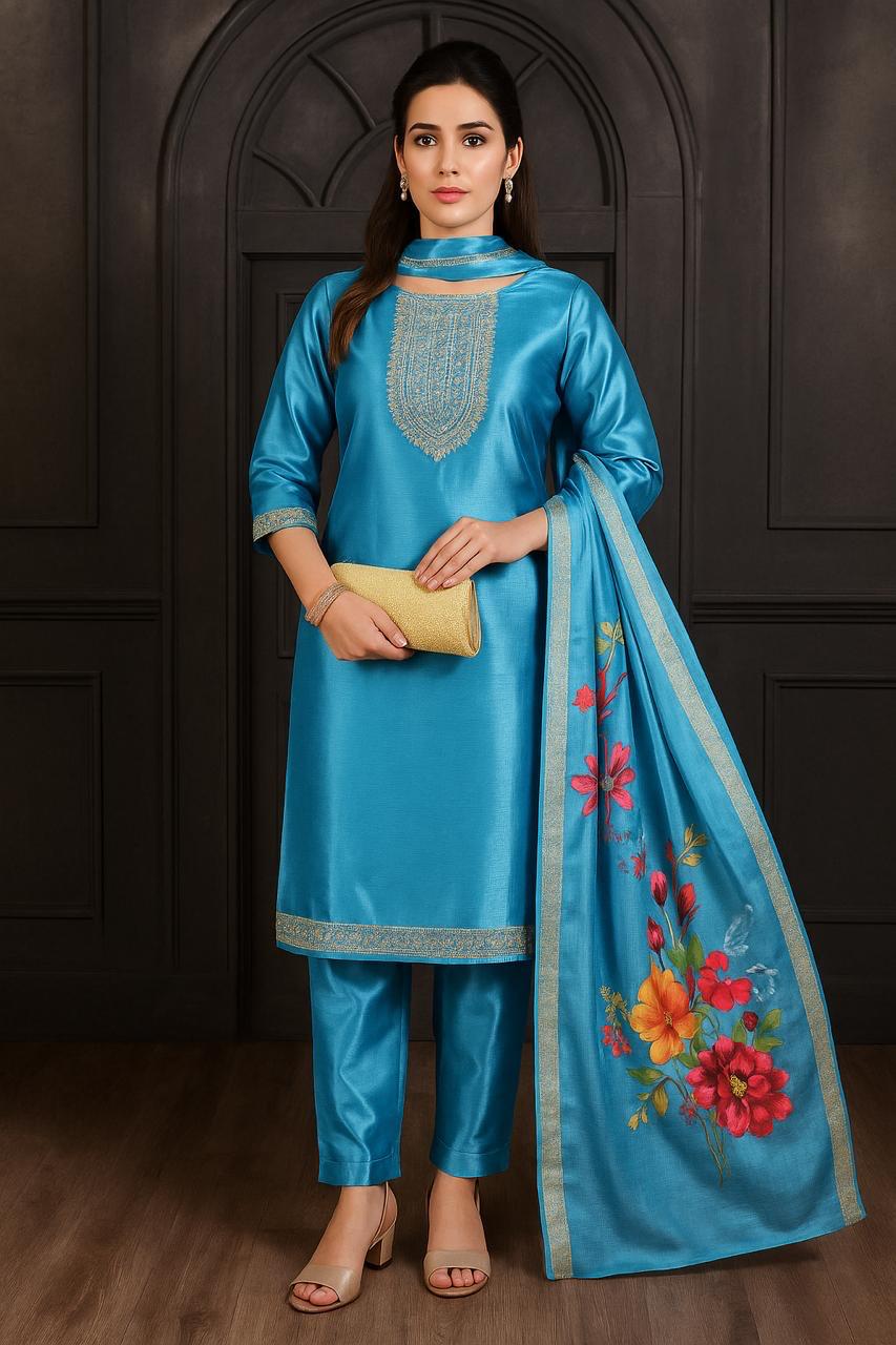 Sky blue shiny silk embroidered kurti set with floral printed dupatta & pants