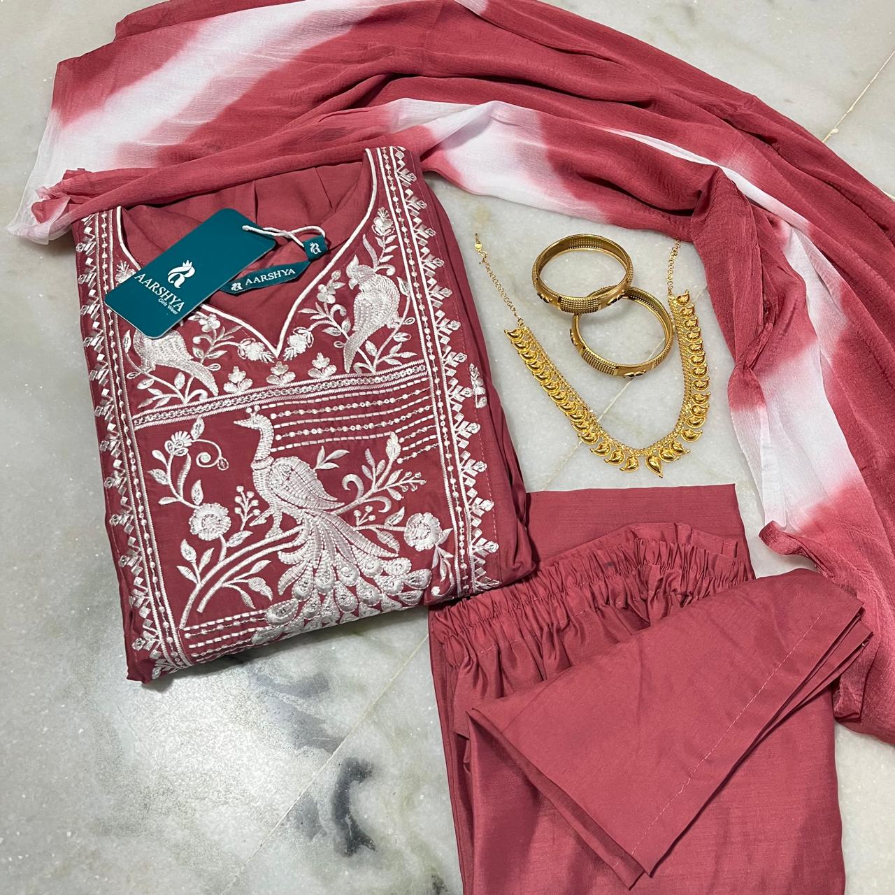 Maroon silk umbrella-cut peacock embroidered kurti set with dupatta & pants