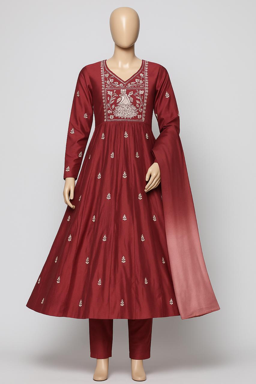Maroon silk umbrella-cut peacock embroidered kurti set with dupatta & pants