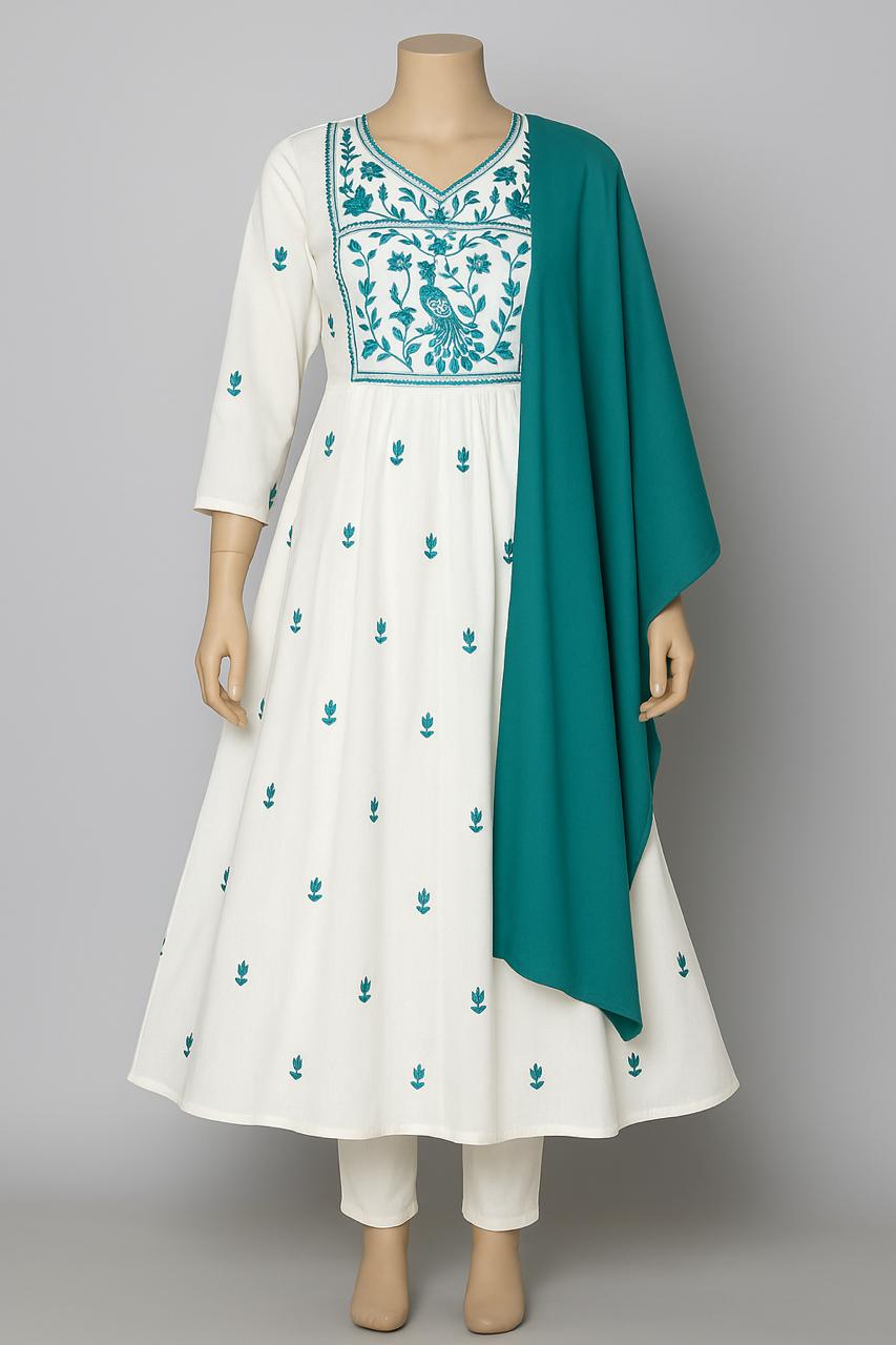 White silk umbrella-cut peacock embroidered kurti set with dupatta and pants