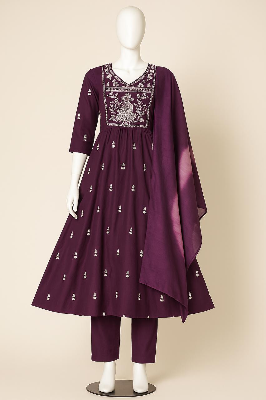 Plum silk umbrella-cut peacock embroidered kurti set with dupatta & pants