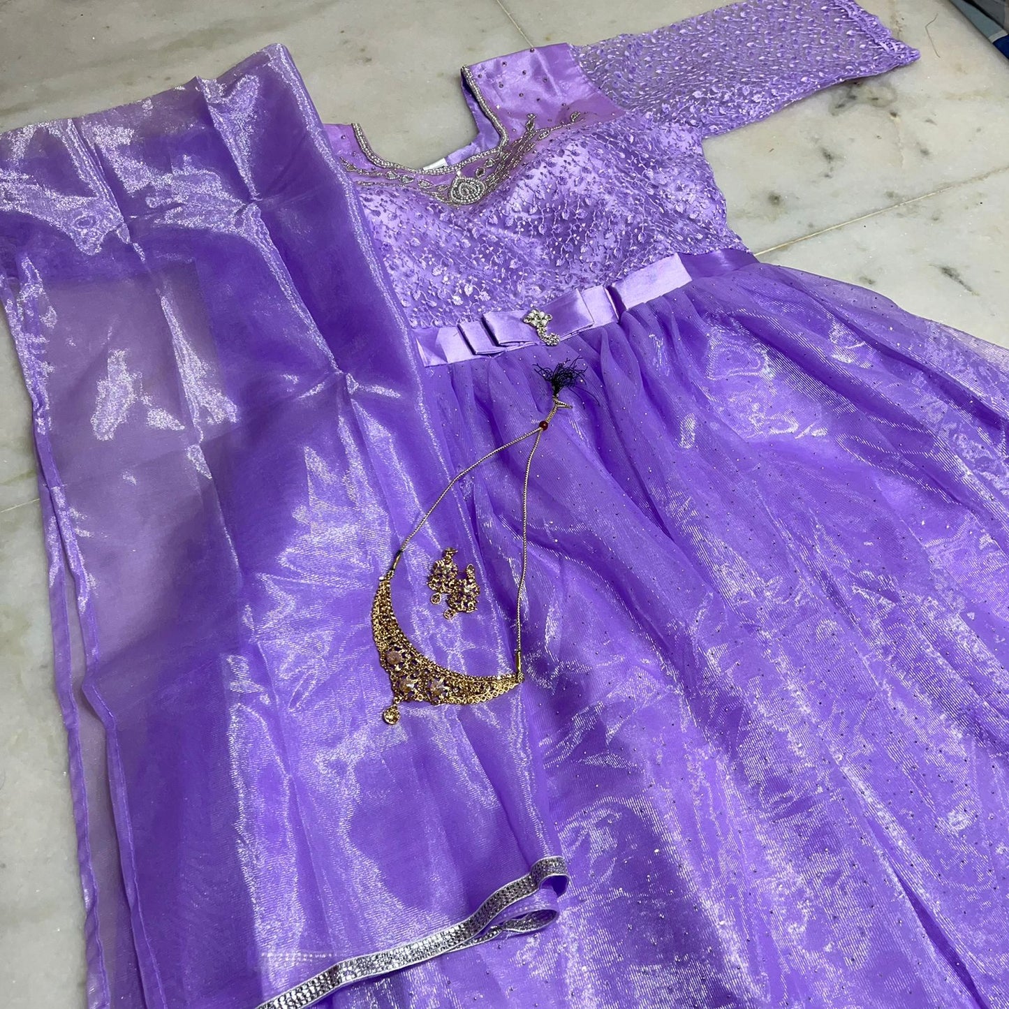 Lavender anarkali gown with embroidered bodice , dupatta & pant