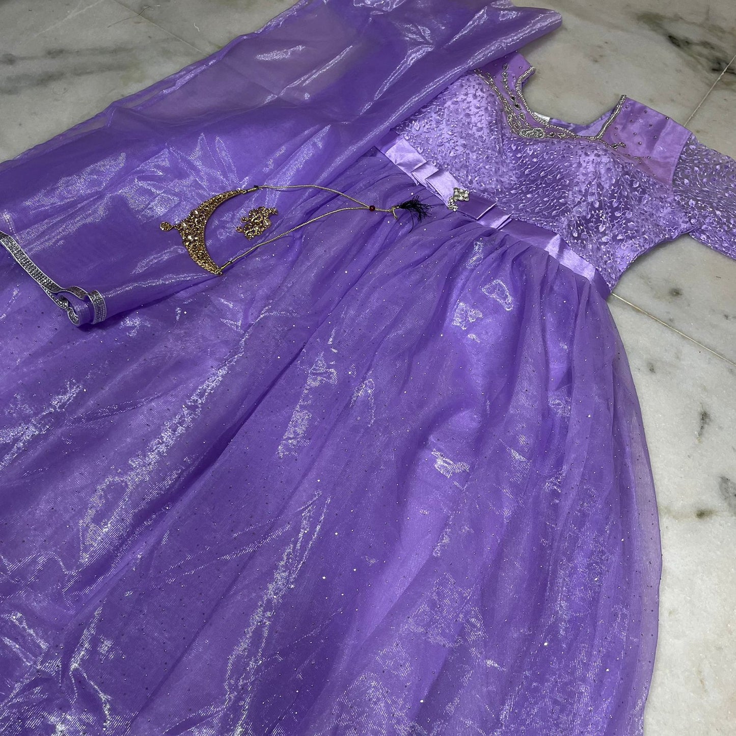 Lavender anarkali gown with embroidered bodice , dupatta & pant