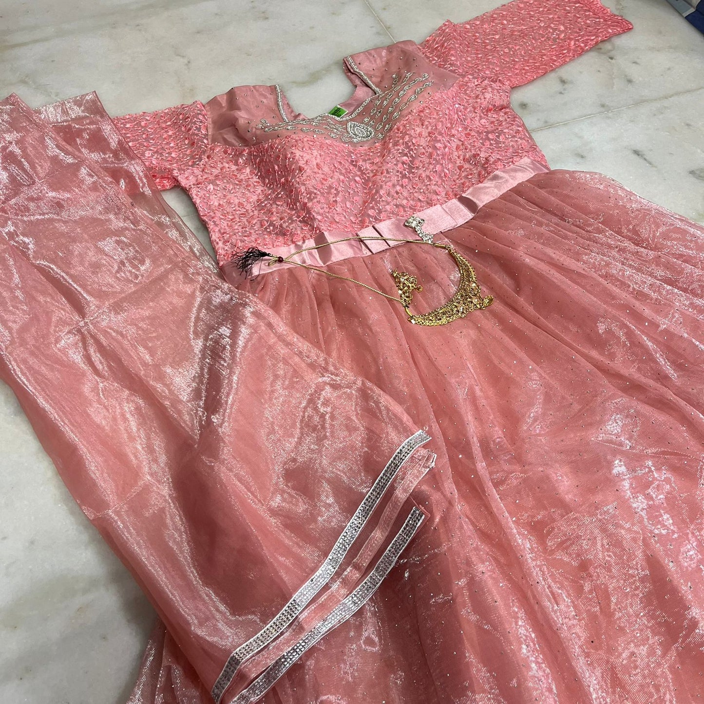 Peach anarkali gown with embroidered bodice , dupatta & pant