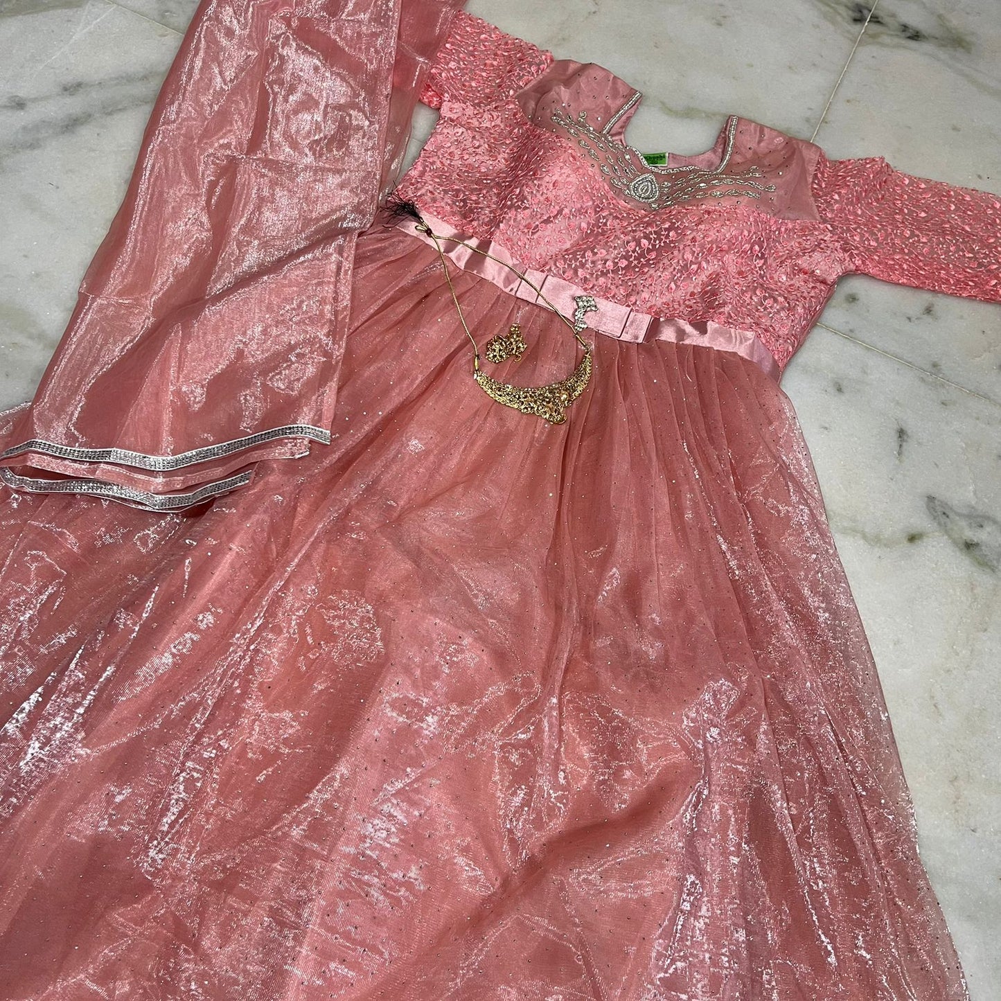Peach anarkali gown with embroidered bodice , dupatta & pant