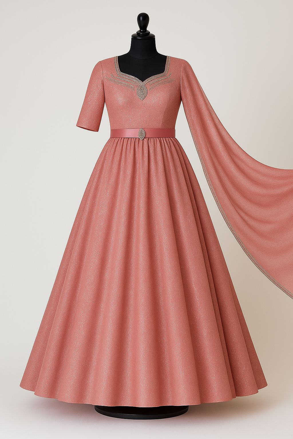 Peach anarkali gown with embroidered bodice , dupatta & pant